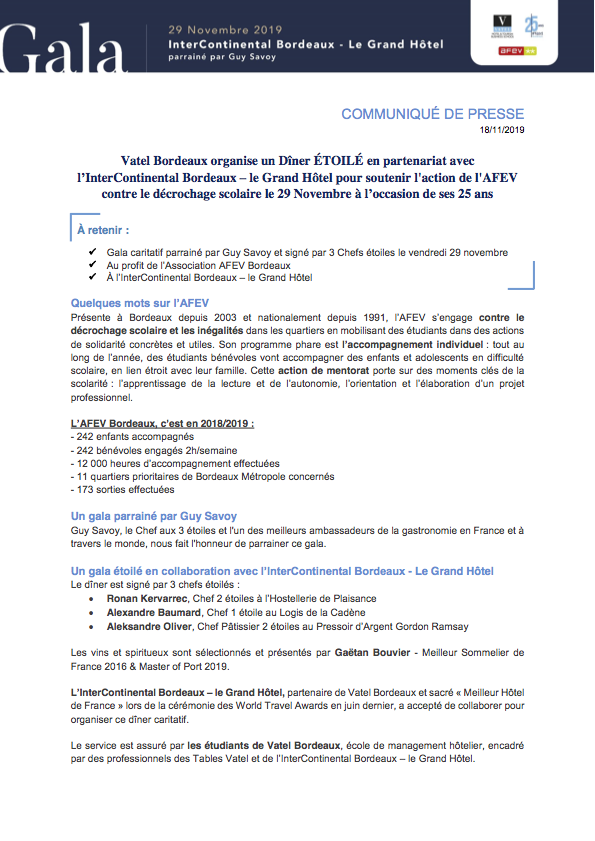 CP - Gala caritatif au profit de l'AFEV Bordeaux organisé par Vatel Bordeaux en partenariat avec l'InterContinental Bordeaux le 29 novembre 2019_Partie1