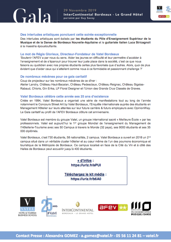 CP - Gala caritatif au profit de l'AFEV Bordeaux organisé par Vatel Bordeaux en partenariat avec l'InterContinental Bordeaux le 29 novembre 2019_Partie2