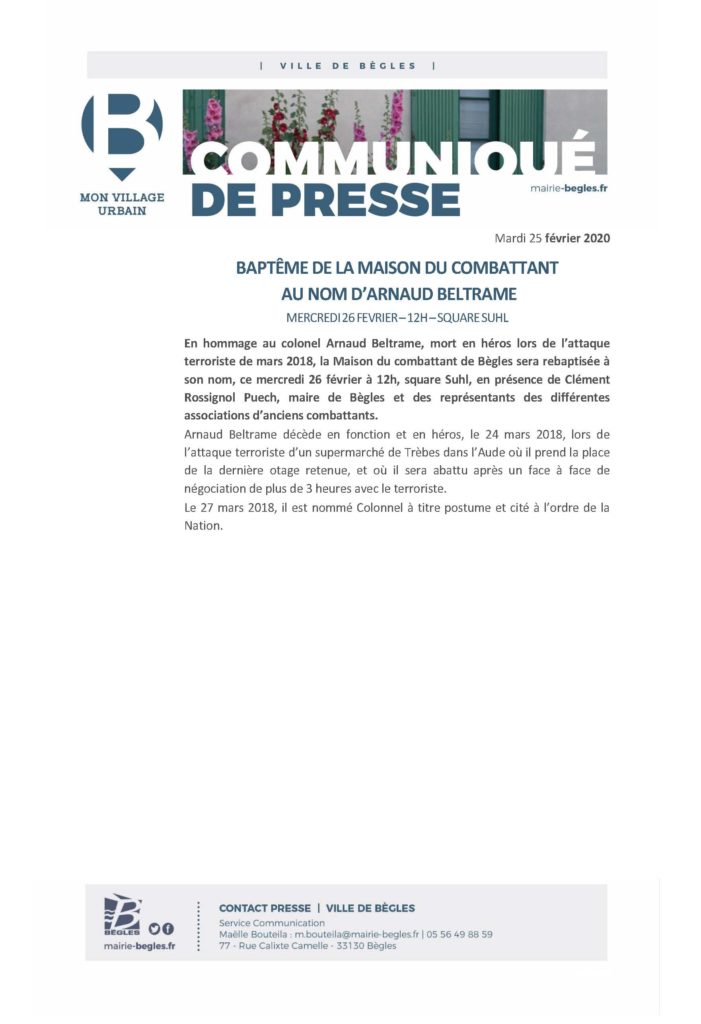 Bègles CP_Baptême de la maison du combattant au nom d'Arnaud BELTRAME