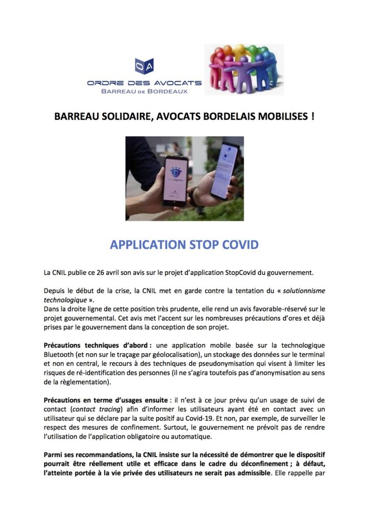 BARREAU SOLIDAIRE CP Application Stop Covid
