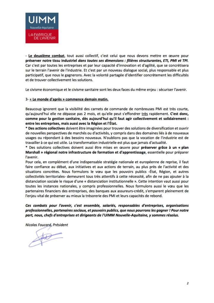Communiqué 2UIMM Nouvelle-Aquitaine 27.04.2020