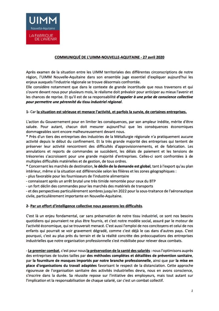 Communiqué UIMM Nouvelle-Aquitaine 27.04.2020