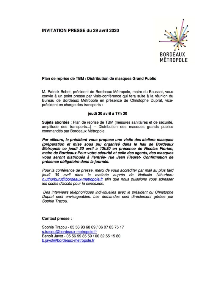Invitation presse - Bureau de Bordeaux Métropole 30-04.2020