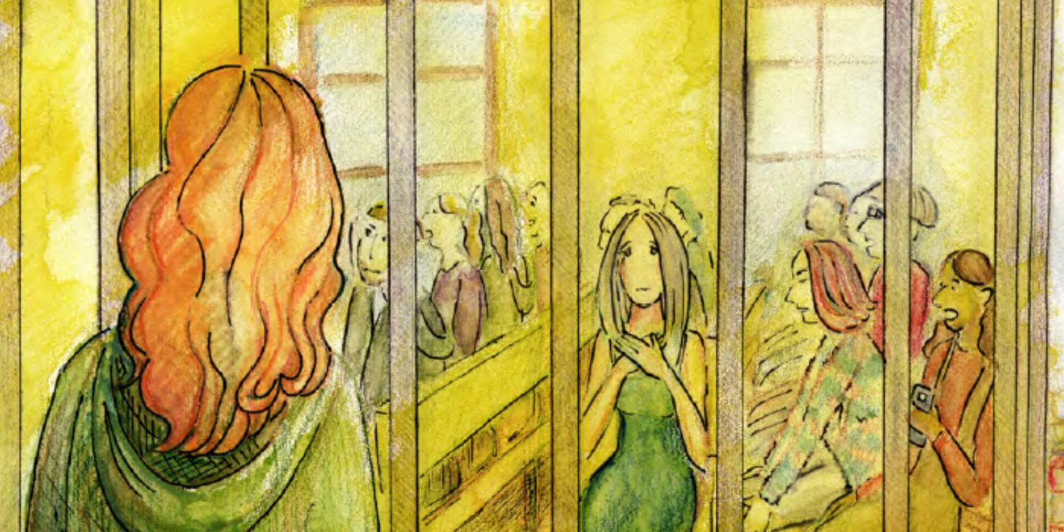 Illustration de l'artiste russe Sacha Skochilenko, mobilisée contre la guerre, derrière les barreaux